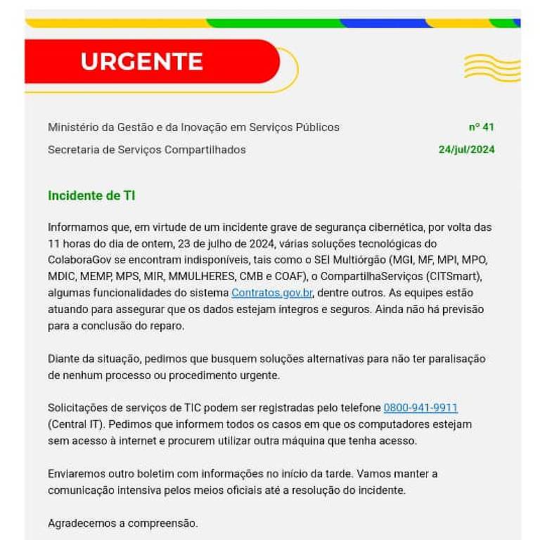 E-mail informa sobre ataque hacker ao sistema do governo nesta quarta-feira - Reprodução
