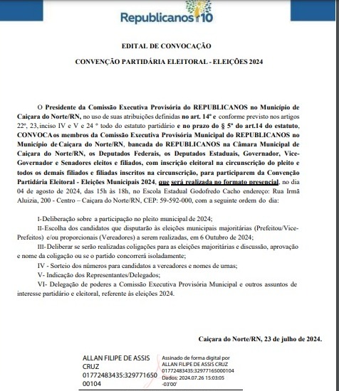 Republicanos de Caiçara publica edital de convocação para convenção no próximo domingo (04)