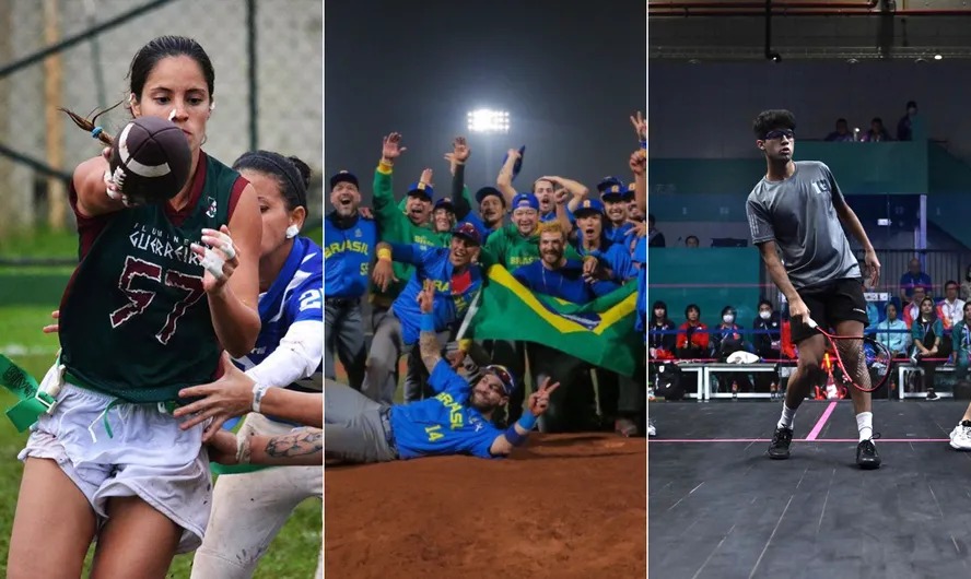 Flag football, Beisebol/Softbol e Squash foram indicados para a Olimpíada de 2028, em Los Angeles (EUA) (Foto: Divulgação, CBBS e Adek Berry/AFP)