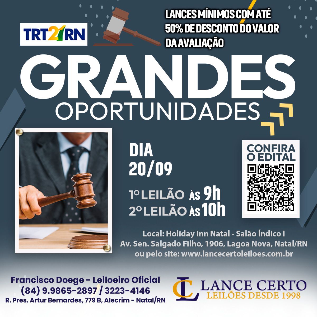 TRT realiza grande leilão dia 20 com bens móveis e imóveis