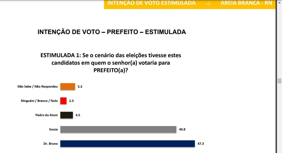 Pesquisa Instituto Seta/Areia Branca: Na estimulada, Bruno lidera com 47,3% das intenções de voto