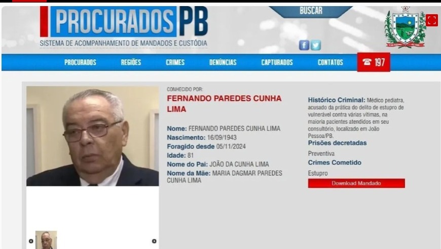 Acusado de estuprar crianças, pediatra de 81 anos entra para lista de procurados da Paraíba