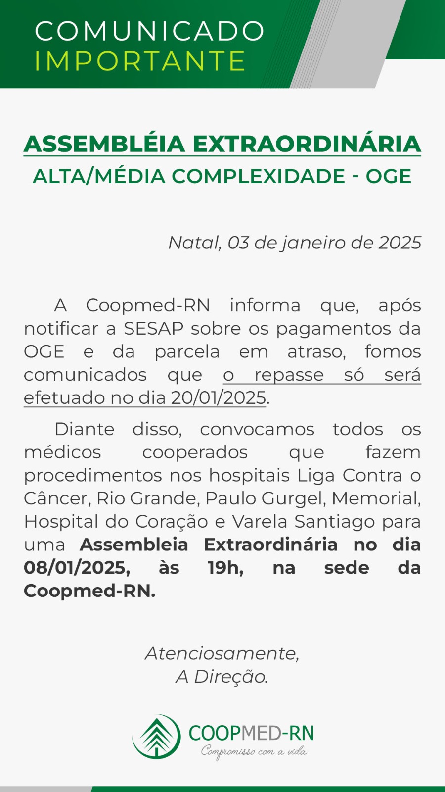 Coopmed convoca assembleia para tratar repasses em atraso do governo