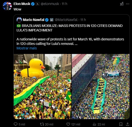 Elon Musk compartilha publicação no X sobre manifestações por impeachment de Lula