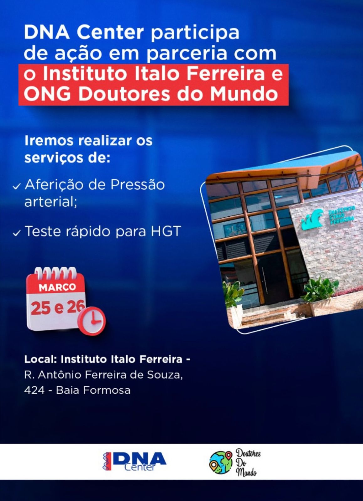DNA Center, Instituto Ítalo Ferreira e ONG Doutores do Mundo em grande ação de saúde 