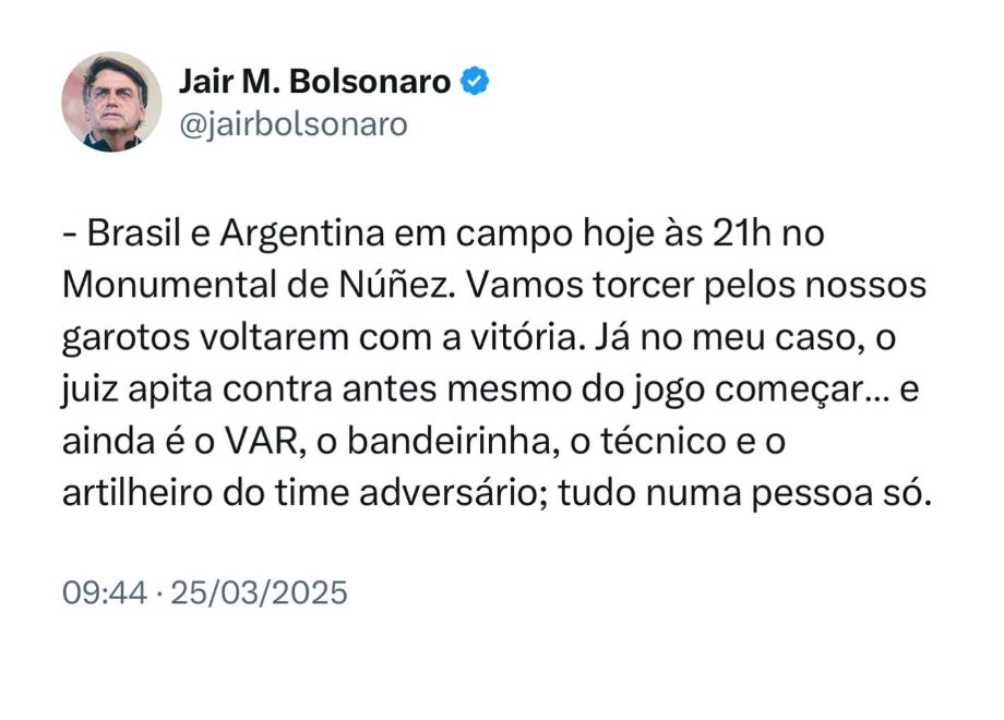 Bolsonaro faz ironia e compara julgamento com jogo do Brasil