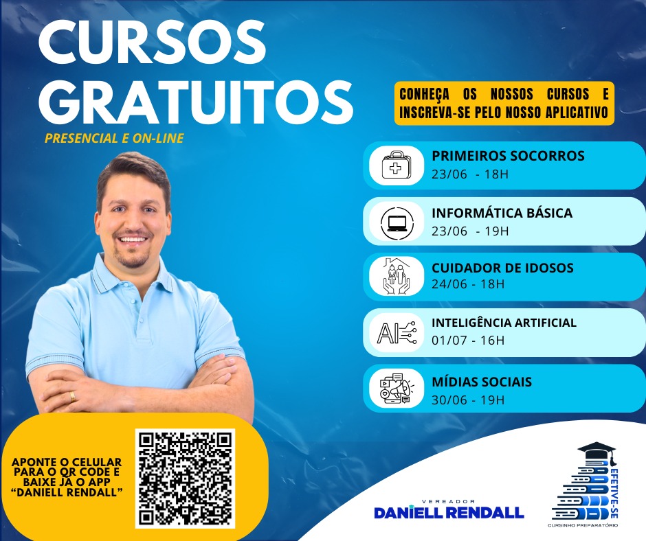 Participe de cursos gratuitos presenciais e on-line pelo app “Vereador Daniell Rendall”