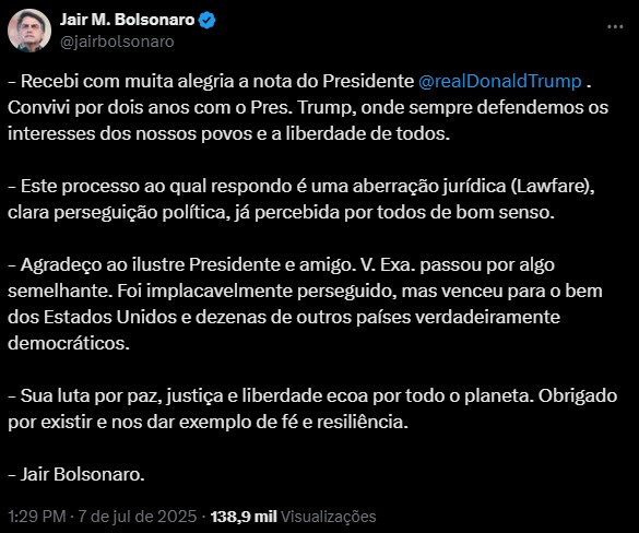 Bolsonaro diz que processo contra ele é ‘aberração jurídica’ e ‘perseguição política’ e agradece apoio de Trump: ‘Obrigado por existir’