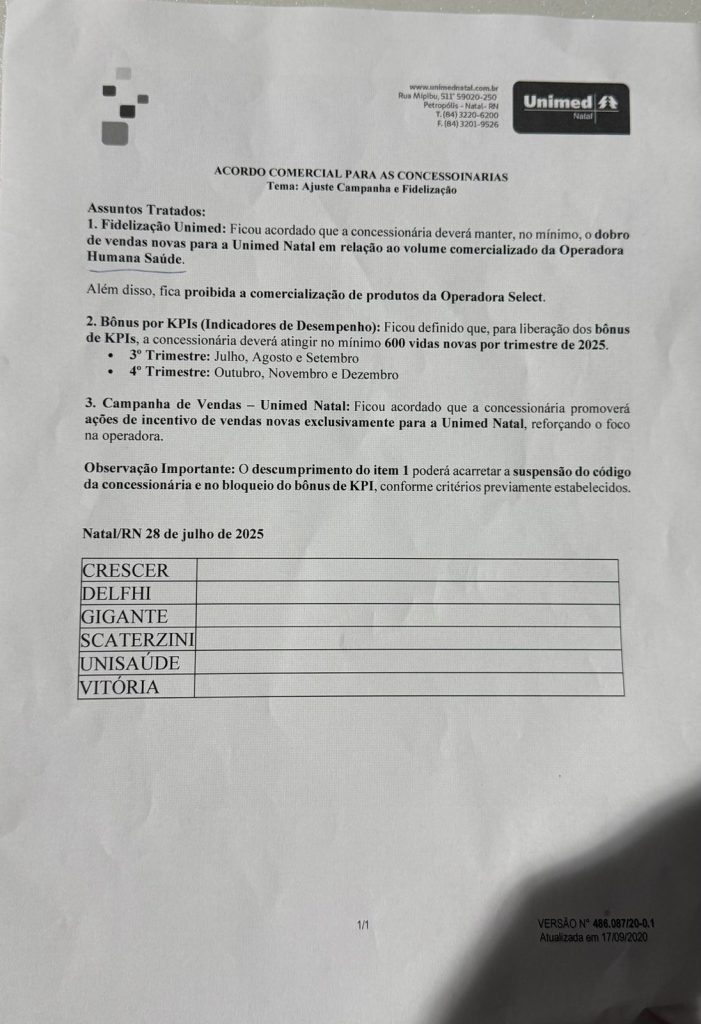 Documento interno mostra como a Unimed Natal trata as corretoras de saúde