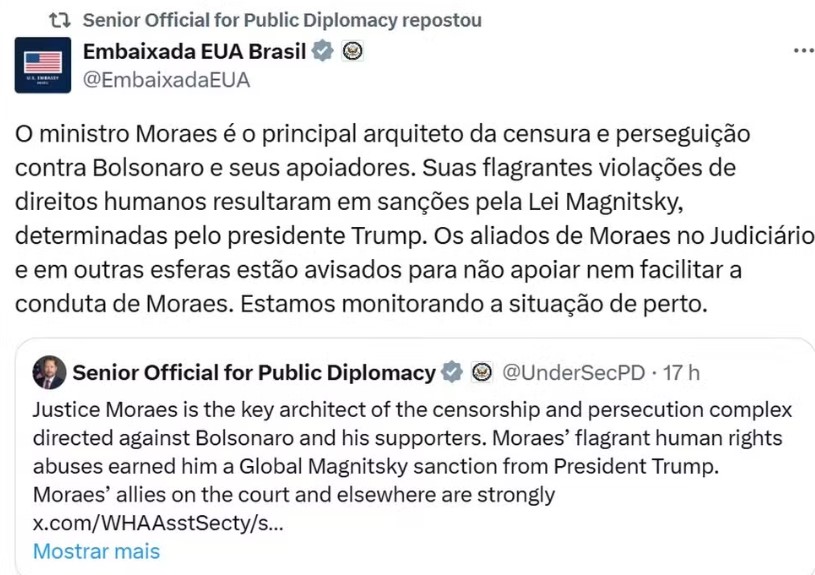 Embaixada dos EUA volta a criticar Moraes e manda recado a aliados do ministro: “Estão avisados”