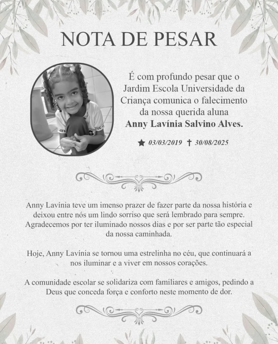 Escola lamenta morte de aluna baleada em atentado ao pai em Natal