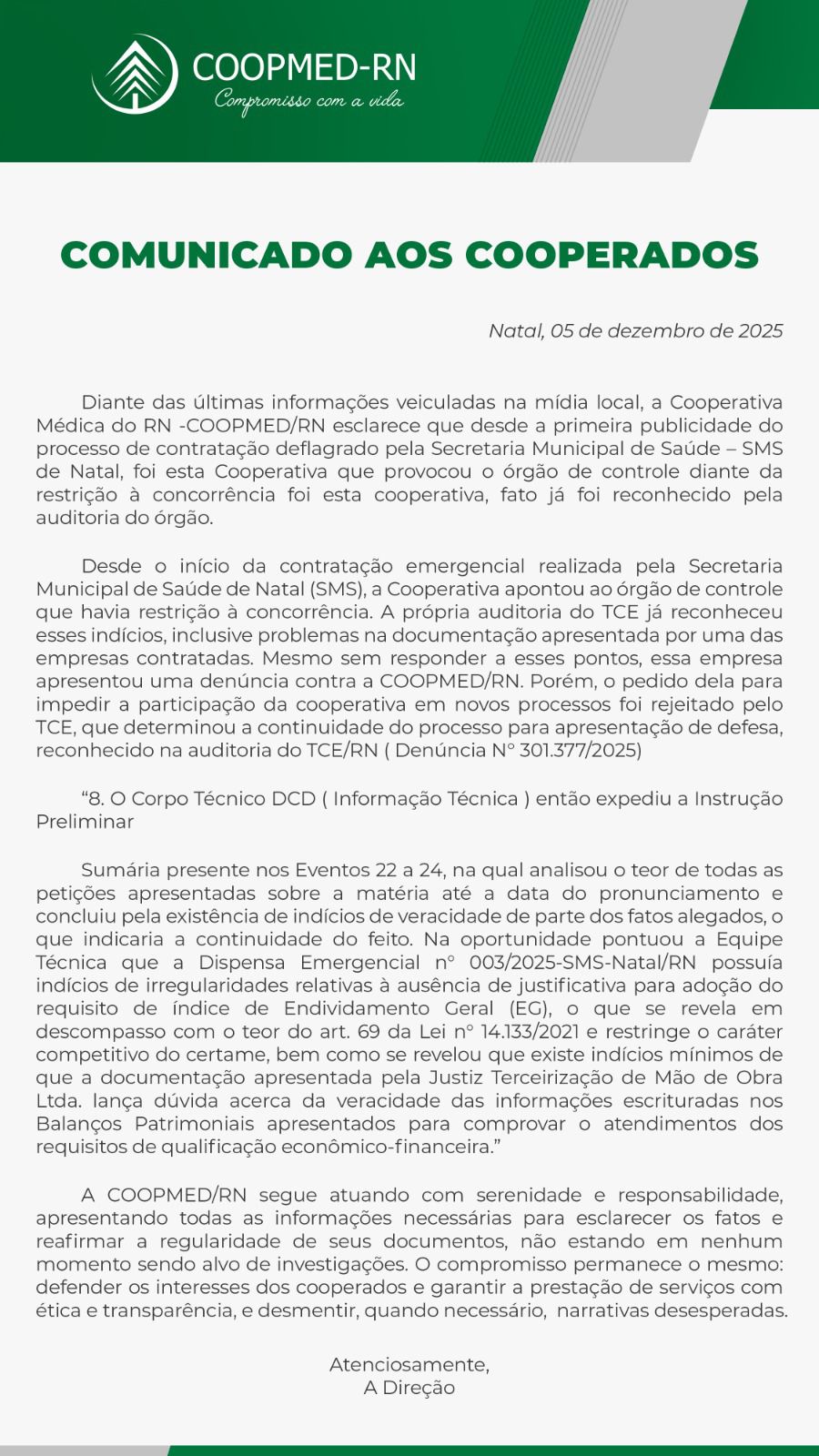 Em nota, Coopmed esclarece a respeito de processo licitatório na SMS