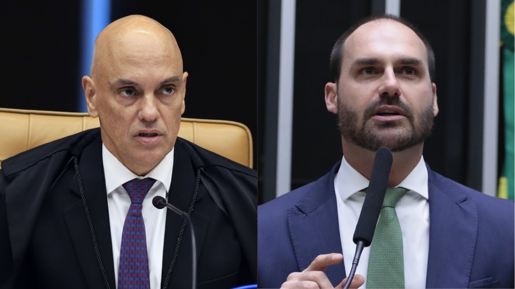 À esquerda, o ministro Alexandre de Moraes, do STF; à direita, o deputado federal licenciado Eduardo Bolsonaro  • Foto 1: Nelson Jr./SCO/STF / Foto