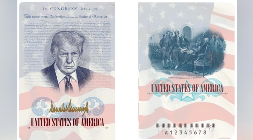 Imagem da edição comemorativa do passaporte americano com a imagem do presidente Donald Trump  • Departamento de Estado dos EUA