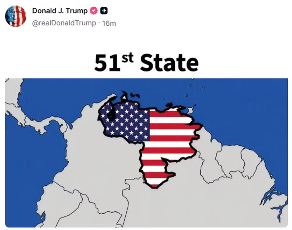 Trump posta mapa com a Venezuela sendo o 51º estado dos EUA — Foto: Truth Social