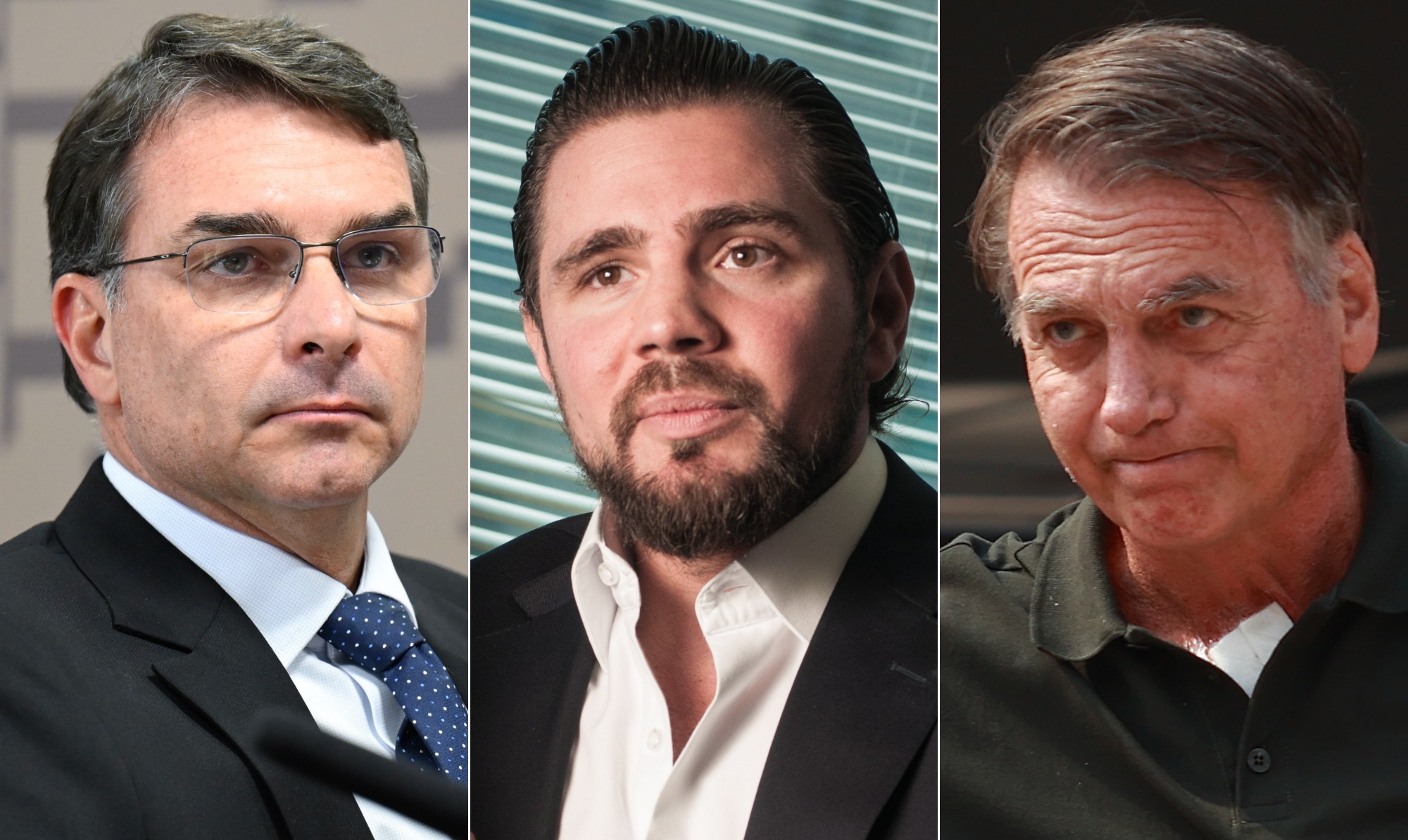 Da esquerda para a direita: o pré-candidato do PL, Flávio Bolsonaro; o dono do Banco Master, Daniel Vorcaro; e o ex-presidente Jair Bolsonaro — Foto: Andressa Anholete/Agência Senado, Ana Paula Paiva/Valor e Cristiano Mariz/O Globo