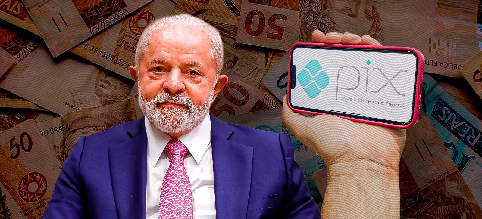 O presidente Lula ao lado do logotipo do Pix em um celular e notas de dinheiro ao fundo (Paulo Dutra/CENARIUM)