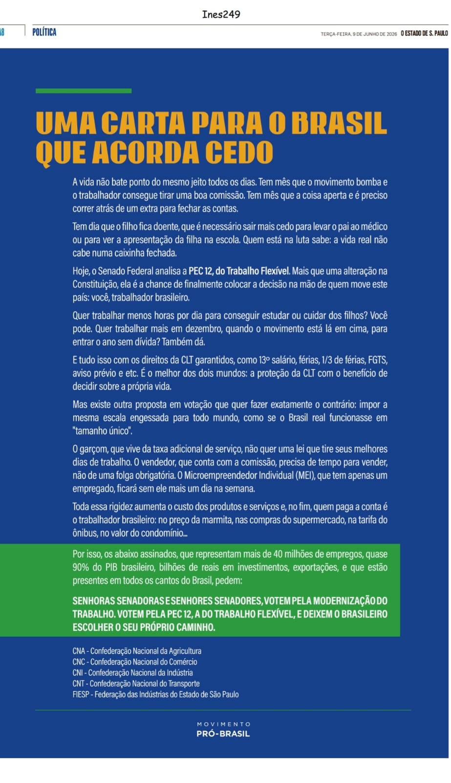 CNA, CNC, CNI, CNT e Fiesp publicam carta em defesa da PEC 12 do Trabalho Flexível no Senado