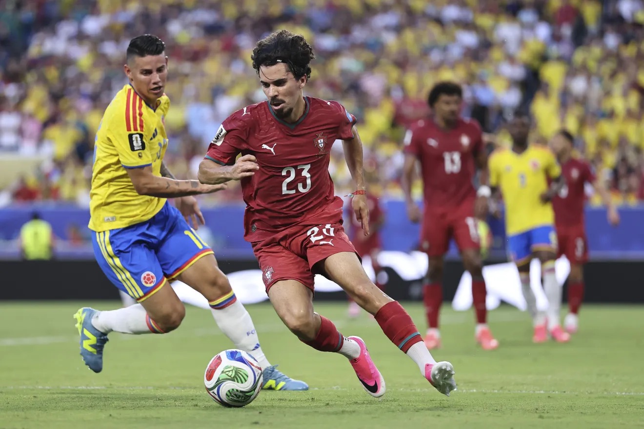 A Colômbia confirmou a liderança do Grupo K da Copa do Mundo de 2026 ao empatar em 0 a 0 com Portugal, nesta sexta-feira (26), no Hard Rock Stadium, em Miami   •  FIFA via Getty Images