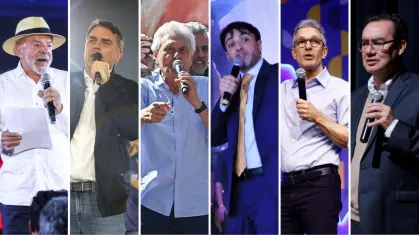 Lula, Flávio Bolsonaro, Ronaldo Caiado, Renan Santos, Romeu Zema e Augusto Cury  • Reprodução
