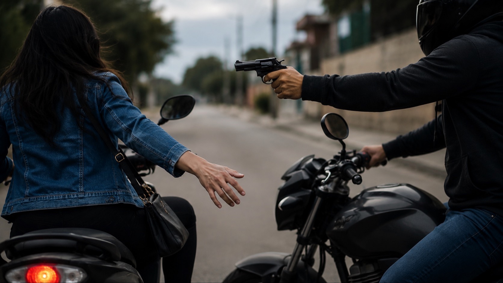 mulher na moto sendo assaltada | assalto | imagem gerada por iA