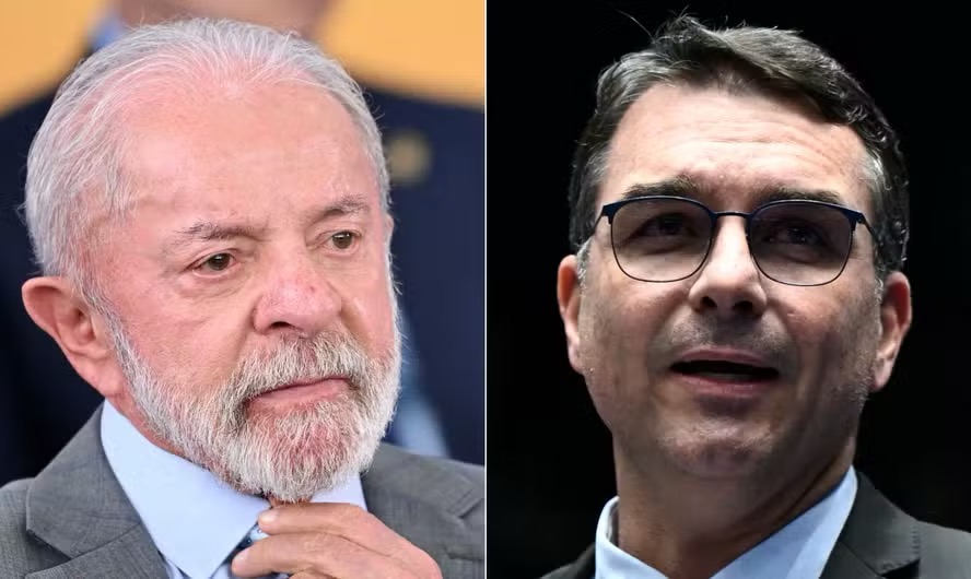 O presidente Lula e o senador Flávio Bolsonaro — Foto: Fotos de Evaristo Sá/AFP e Andressa Anholete/Agência Senado