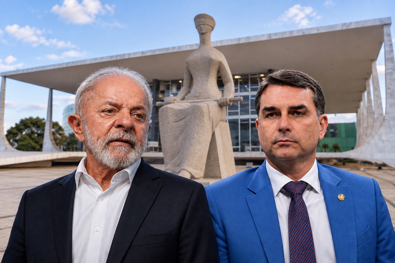 LULA, FLÁVIO BOLSONARO E O STF | IMAGEM GERADA POR IA