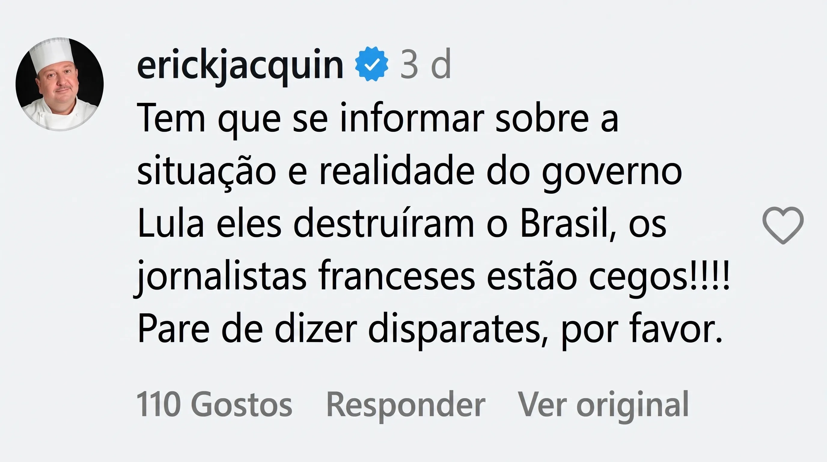 Comentário de Jacquin no Instagram do veículo francês | Foto: Reprodução/Instagram