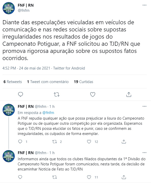 Federação pede apuração sobre venda de resultados no Campeonato Potiguar de Futebol