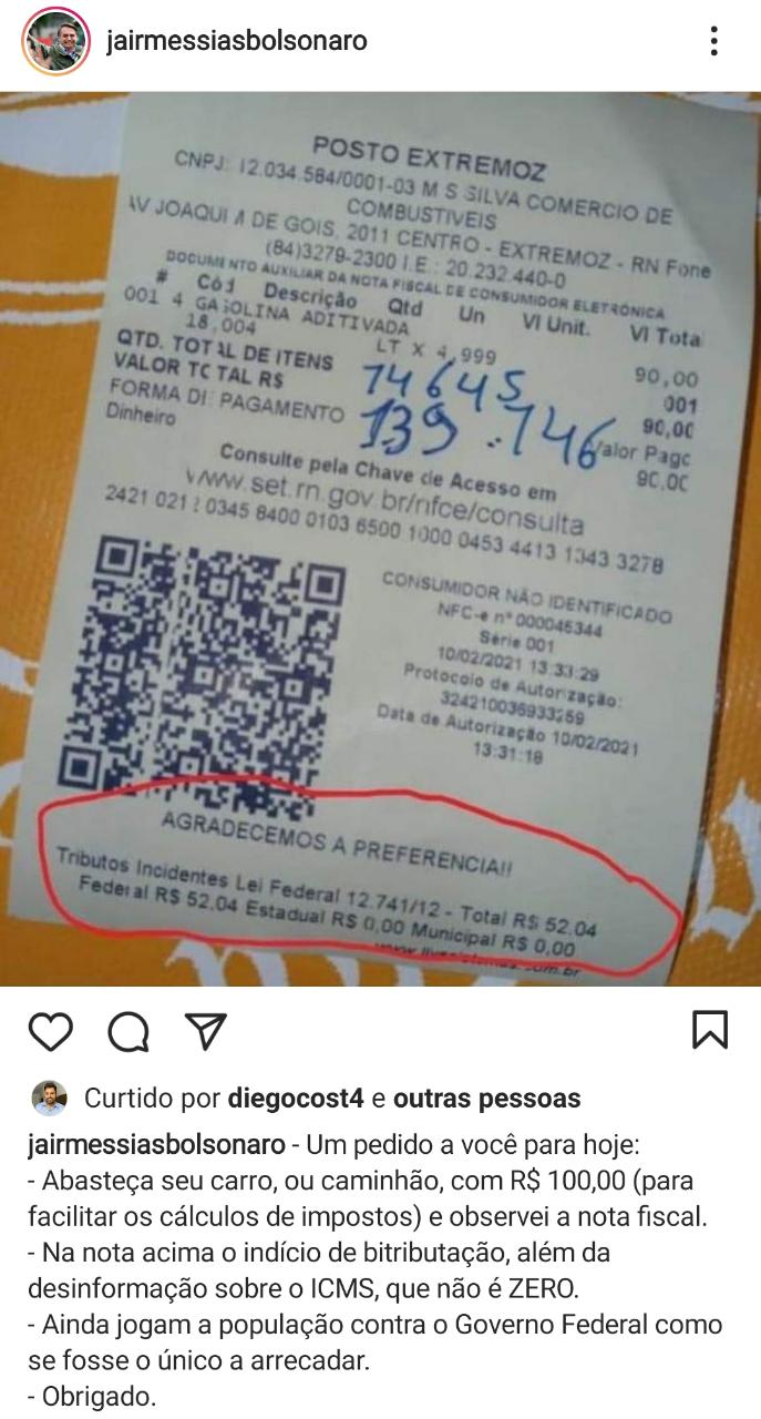 Bolsonaro cita posto de gasolina de Extremoz em rede social