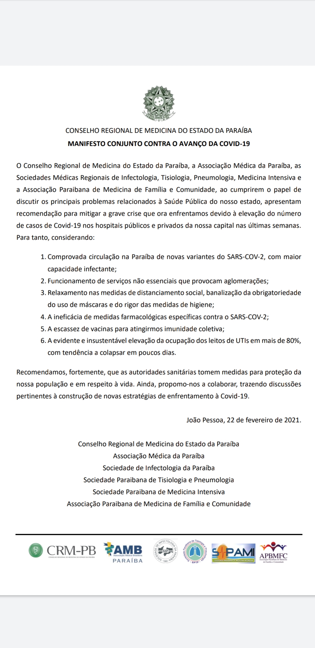 Sem protocolo médico e com novas variações em circulação, Conselho de Medicina da Paraíba divulga nota sobre covid-19