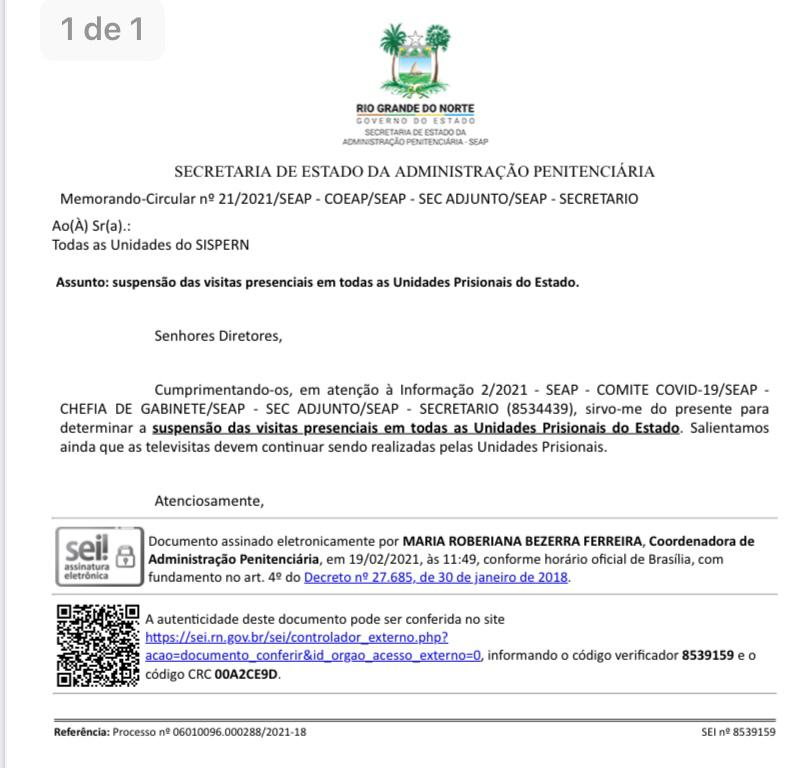 Visitas presenciais são suspensas em todas as Unidades Prisionais do Estado