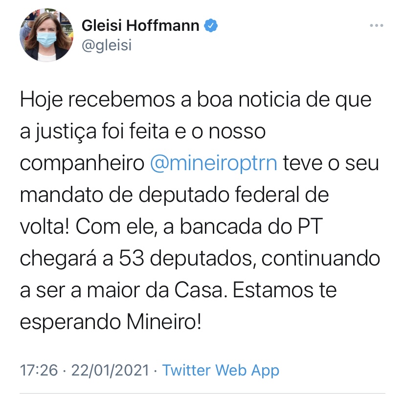 Gleisi Hoffmann está esperando por Mineiro