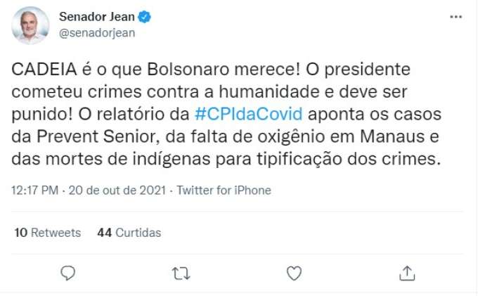 Piada pronta: Senador petista pede cadeia para Bolsonaro