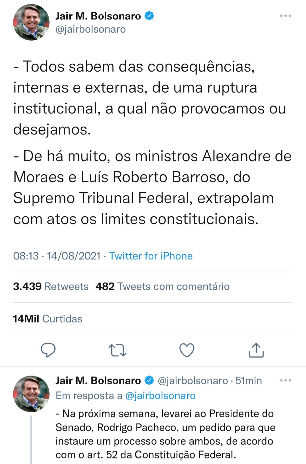 Bolsonaro vai pedir que Senado abra processo contra Barroso e Moraes, ministros do STF