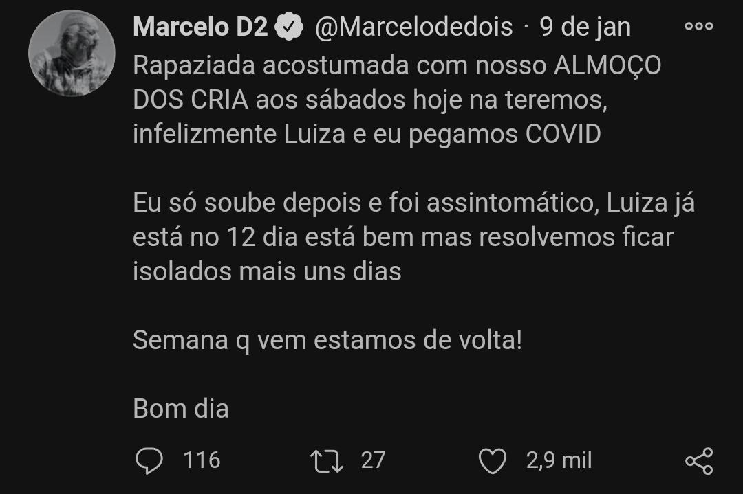 Marcelo D2 e esposa testam positivo para Covid-19