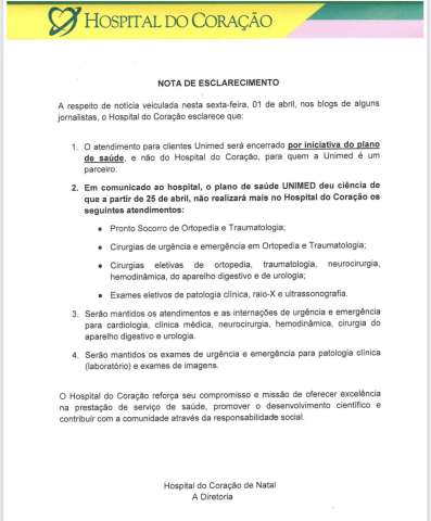 Cuidado com a Unimed: Hospital Coração disse que plano de saúde que pediu descredenciamento
