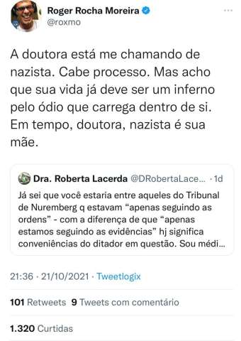 Cantor Roger chama a mãe da médica Roberta Lacerda de Nazista