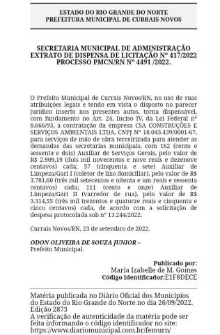 Prefeito de Currais Novos faz contratação de mais de R$ 1 milhão durante período eleitoral