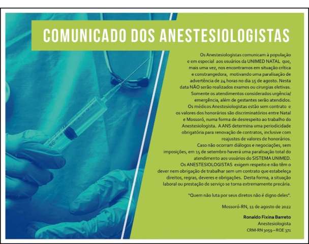 Em situação crítica, anestesiologistas anunciam paralisação de 24 horas e suspendem exames e cirurgias eletivas