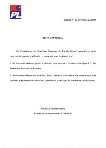 PL diz que há “carta branca” para acerto com Bolsonaro