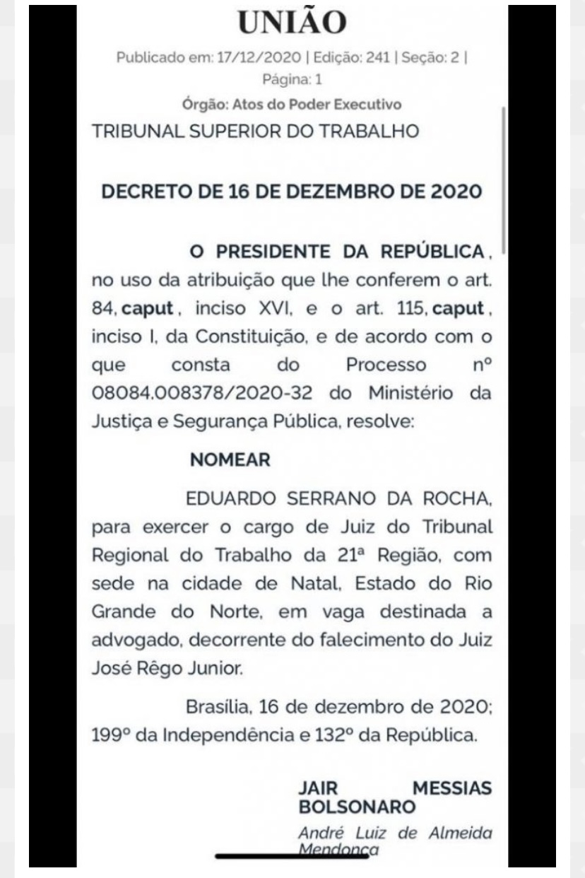 Bolsonaro escolhe Eduardo Rocha para desembargador do TRT/21