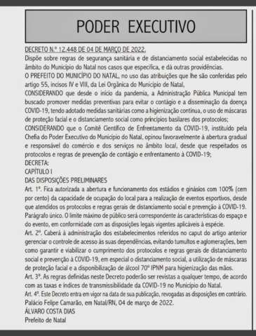 Prefeitura libera funcionamento de estádios e ginásios com 100% de capacidade em Natal