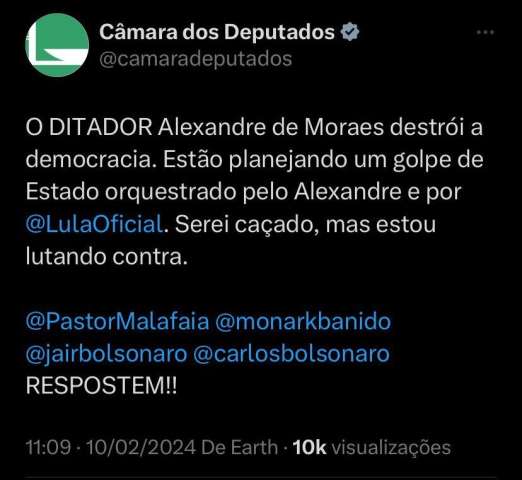 Perfil da Câmara dos Deputados em rede social é invadido e faz postagem contra Moraes: 'Ditador'