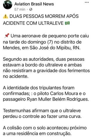 Segunda vítima da queda de aeronave em São José de Mipibu é identificada