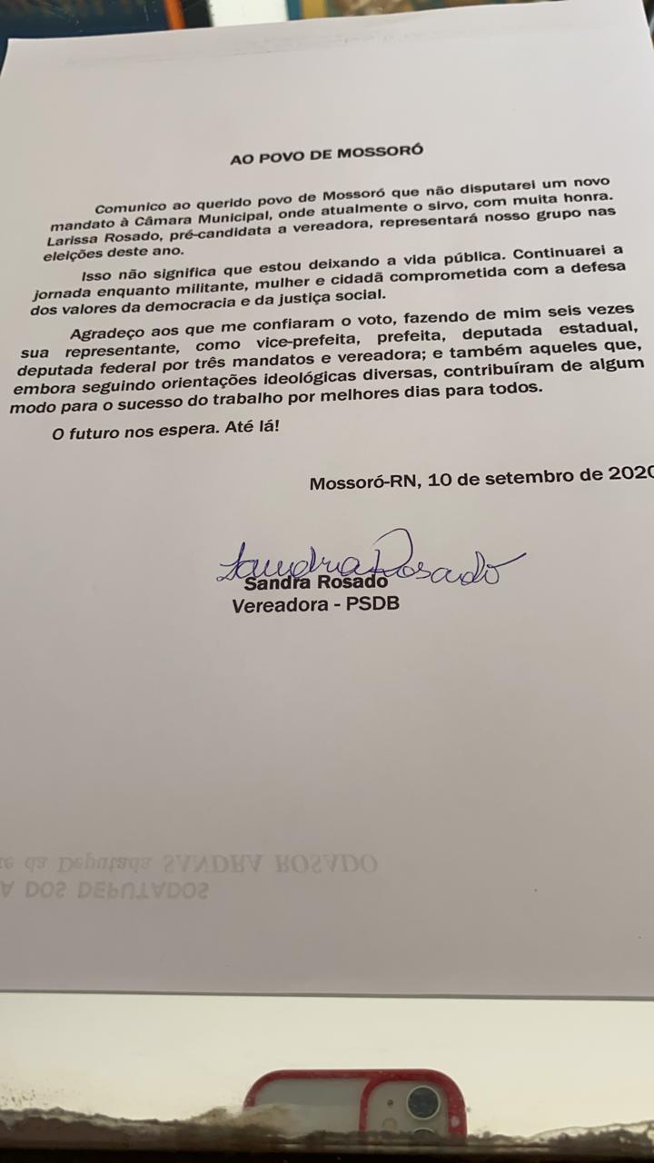 Sandra Rosado não tentará reeleição, em seu lugar Larissa Rosado vai disputar uma vaga na Câmara Municipal de Mossoró