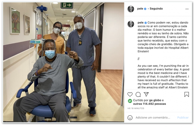 Internado, Pelé celebra recuperação: “A cada dia melhor”
