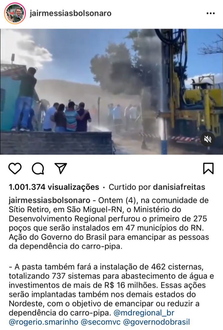 Postagem de Bolsonaro sobre obra no RN tem mais de 1 milhão de visualizações