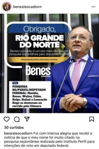 Benes comemora ser um dos mais citados em pesquisa para deputado federal