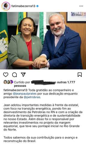 Fátima Bezerra posta mensagem para Jean-Paul